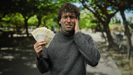 Hispanic man holding norwegian krone outdoors in a park, expressing stress with trees and natural...