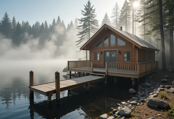 A cozy lakefront cabin made of natural wood, with a wraparound deck and a private dock extending over calm water.