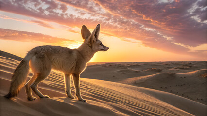 Naklejka premium Fennec fox with large ears on sunlit dune