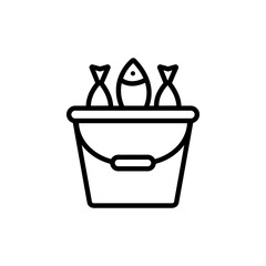 Fish in bucket line icon. Fishing symbol. Full bucket of fish sign on white background, outline style icon for mobile or web design