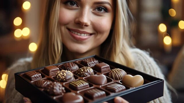 Woman holding a box of assorted chocolates