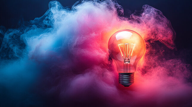 A surreal floating lightbulb filled with a swirling cosmos and nebulae, emanating rainbow light waves and creative energy, symbolizing innovation, imagination, and limitless potential