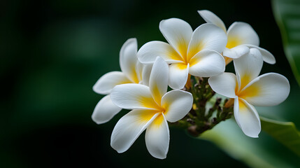 A close-up of a tropical plumeria in full bloom.