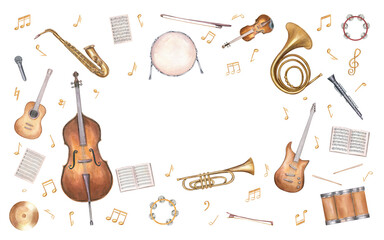 Watercolor musical instruments rectangle border isolated background. Guitar, double bass, French horn, drum, saxophone and note page frame. Illustration or instrumental tutorials, festival posters