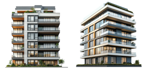 set of architectural Modern apartment buildings with stylish architecture and balconies. isolate on transparent background