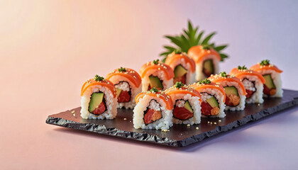 Modern food photo advertisement: A beautifully arranged plate of salmon sushi rolls garnished with sprigs of greenery sits on a dark slate serving dish, illuminated by a soft, gradient light.
