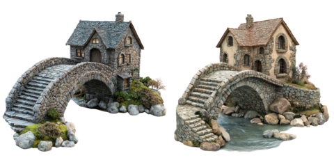 set of architectural  stone bridge with houses on both sides, artistic illustration. isolate on transparent background