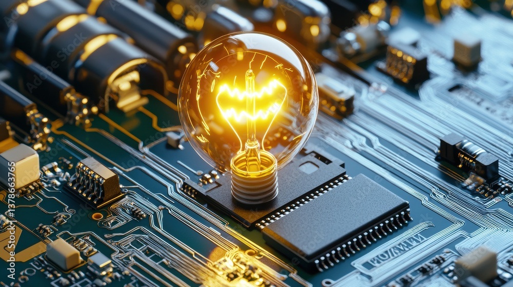Poster a light bulb is glowing on a circuit board