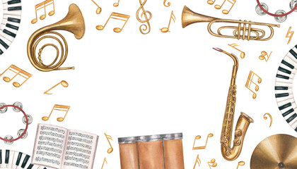 Watercolor percussion, string and wind instruments, musical notes, red splashes horizontal frame isolated background. Drum kit, double bass, piano, music notebook border with empty space for text. © Masha_tolk_art
