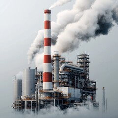 Industrial Power Plant with Emissions and Smokestacks at Dusk