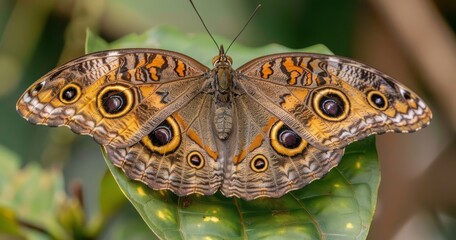 Close-up of a vibrant butterfly resting on a lush green leaf.