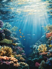 Naklejka premium Underwater Coral Reef with Tropical Fish and Sun Rays Streaming Through