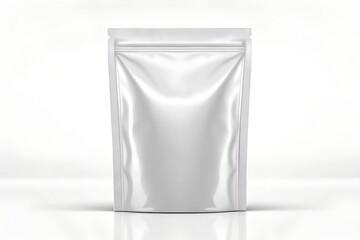 A blank white stand-up pouch with a sealed top, set against a clean pure white background