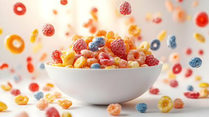 Colorful Cereal Rings and Fruit Pieces Falling into White Bowl on Bright Background Breakfast Food Concept