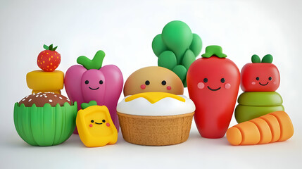 Obraz premium Colorful Cartoon Vegetable Characters Arranged on White Background Sweet and Playful Food Illustration Group of Cute Animated Produce