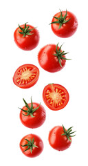Falling tomatoes isolated on transparent background