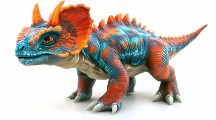 Obraz premium Colorful Dinosaur with Spikes and Horns in Orange and Blue Standing Isolated on a White Background