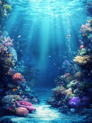 Naklejka premium Exploring Underwater Coral Reef with Sun Rays and Tropical Fish