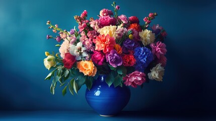 Fototapeta premium Vibrant Bouquet of Mixed Flowers in a Blue Vase Against a Teal Backdrop