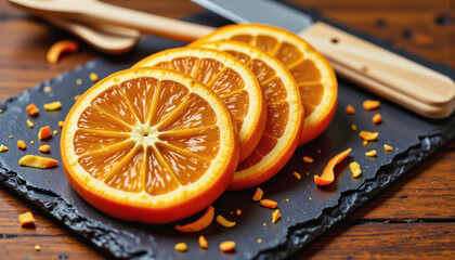 Modern food photo advertisement: Sliced oranges rest on a dark slate board, surrounded by orange zest and positioned next to a knife and spoon.