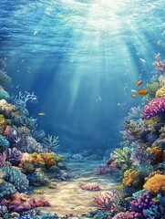 Obraz premium Exploring Underwater Coral Reef with Sunlight Filtering Through the Ocean Water