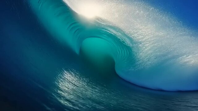 Majestic ocean wave curling over clear blue water, capturing sunlight, with serene beach in background