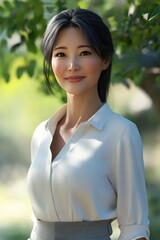 Portrait of a woman standing outdoors in a park with vibrant greenery and soft sunlight illuminating her face