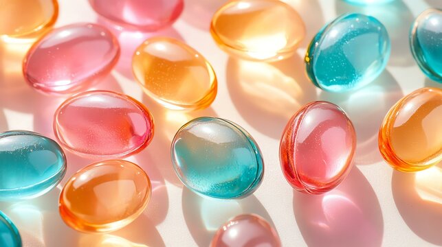 Colorful gel capsules arranged artistically.