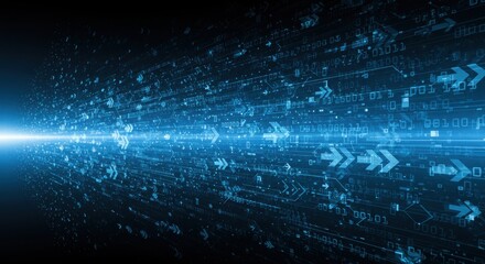 Abstract blue digital stream with binary code and arrows moving forward in a dark background