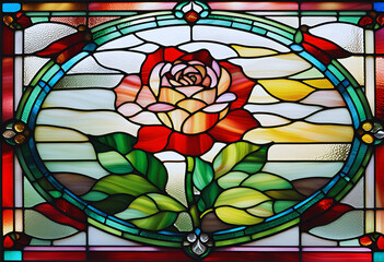 Colorful stained glass window with rose patterns in a church