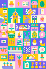 Happy Easter Geometrical Poster. Vector Illustration of Seasonal Religious Holiday. Spring Background. Egg Hunt and Bunny. Polygonal and Triangular.