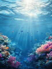 Naklejka premium Underwater Coral Reef with Fish and Sunlight Rays Through the Ocean