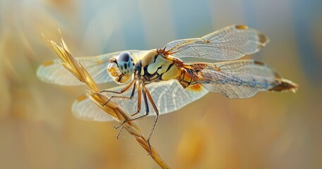 Close-up of a dragonfly on a golden twig in a natural setting.