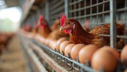 Close-up view brown hen with red comb in chicken farm cage. Brown eggs on shelf, layer hens in rows, egg production industry. Animal husbandry, organic food.