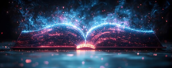 Futuristic open book glowing with interactive educational screens in a sleek modern setting