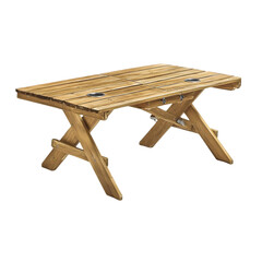 A wooden picnic table with cup holders on a plain black background