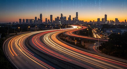 Obraz premium City skyline at sunset with highway traffic light trails in a long exposure shot at twilight hour