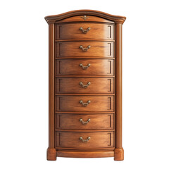 A brown wooden dresser with seven drawers and ornate metal hardware pulls