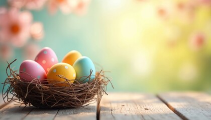 Obraz premium Easter spring theme image with colorful eggs in nest on wooden table. Blossoms flowers in background. Sunny day holiday celebrating springtime. Happy Easter holiday concept, decoration.