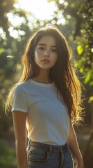 Fototapeta premium Young woman stands confidently in a sunlit forest, her long hair glowing softly in the warm light during the golden hour
