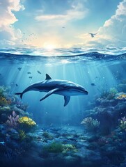 Naklejka premium Whale Swimming Underwater at Sunrise with Coral Reef and Ocean