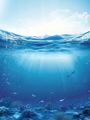 Naklejka premium Underwater Scene with Sunlight Rays, Fish, and Coral Reef Habitat