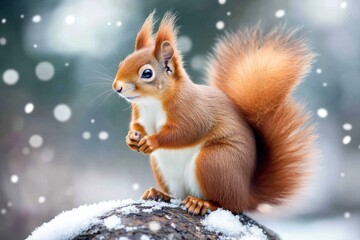 Obraz premium Red Squirrel Perched on Tree Trunk in Winter Forest, Blurred Background, Cute Animal Portrait, National Geographic Style