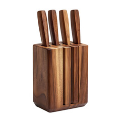 Close up shot of wooden knife block with knives isolated on black back