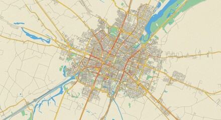 Obraz premium Aerial view of a city map with rivers and roads in a tan and blue color scheme design layout