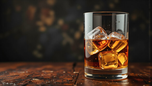 Modern food photo advertisement: A glass of whiskey with ice cubes sits on a dark wooden surface against a textured, dark background.