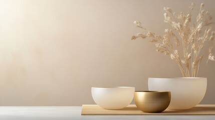 sound meditation setup, a contemporary minimal studio with neutral tones holds crystal singing bowls on a bamboo table, offering space for text
