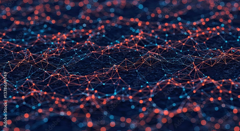 Poster abstract network visualization: dynamic network of interconnected nodes, rendered in a captivating d