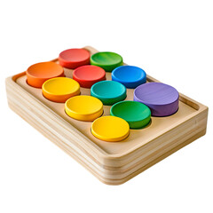 Colorful wooden toy with round pieces in a wooden tray on dark background