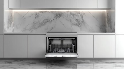 Open Dishwasher Integrated in Modern Kitchen with Marble Backsplash